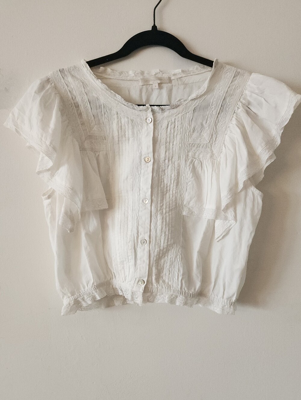 LOVESHACKFANCY Nora  100% Cotton Voile Ruffle Flutter Sleeve Lace Trim Blouse - Picture 2 of 6